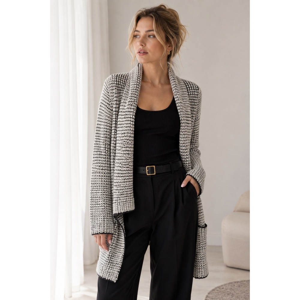 Princess Vera Wang Cardigan Womens XS Black White Waffle Knit Open Front Sweater